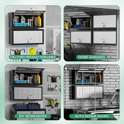 Metal Wall Cabinet,Wall Mounted Garage Cabinets with Lockable Up-Flip Door,Hanging Storage Cabinet 130 lbs Capacity,Floating Cabinet for Tool Organization in Basement,Workshop,Kitchen,Black/Grey