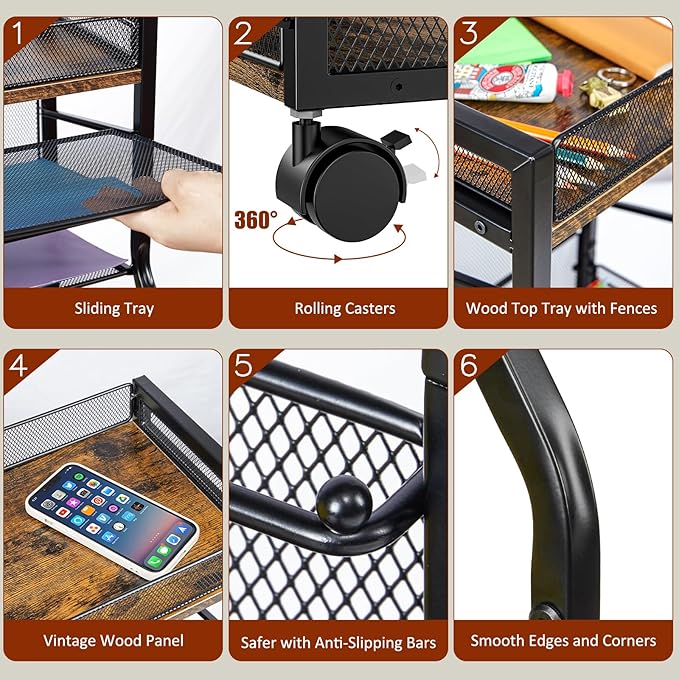 5-Tier Rolling File Cart with Hanging File Folders, Mobile Desk File Organizer on Lockable Wheels, Wood & Mesh Paper Letter Sliding Trays Organization for Office, Home, School, Patent