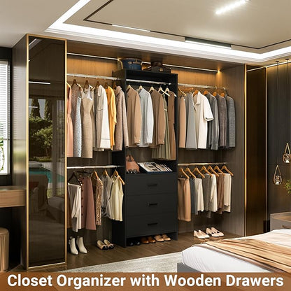 Aheaplus Closet System With 3 Wooden Drawers, Walk-in Wardrobe Organizer, Clothes Rack With 4 Hanging Rods, Garment Rack, -4R, Black