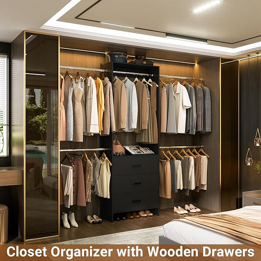 Aheaplus Closet System With 3 Wooden Drawers, Walk-in Wardrobe Organizer, Clothes Rack With 4 Hanging Rods, Garment Rack, -4R, Black