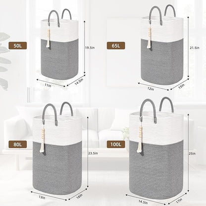 Woven Laundry Basket for Clothes, 50L Large Rectangle Laundry Hampers with Beads Tassel, Nursery Storage Basket for Toys, Tall Dirty Clothes Hamper for Bedroom Aesthetic, Laundry Room Organization