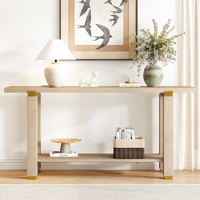 62.9" Modern Minimalist Console Table, Solid Wood Entryway Sofa Table with Metal Accents, 2-Tier with Open Shelf and Built-in Shelf for Living Room, Hallway (Natural-J22)