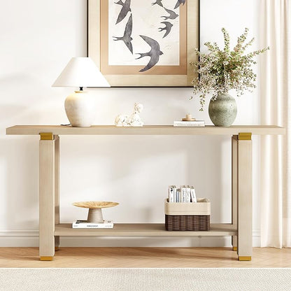 62.9" Modern Minimalist Console Table, Solid Wood Entryway Sofa Table with Metal Accents, 2-Tier with Open Shelf and Built-in Shelf for Living Room, Hallway (Natural-J22)
