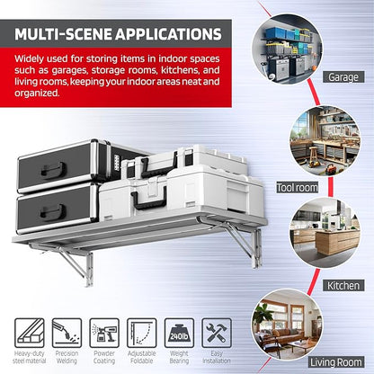 1.2x3FT Adjustable Garage Shelf Wall Mounted Fold Down Shelf Metal Heavy Duty Sliver 1Pack