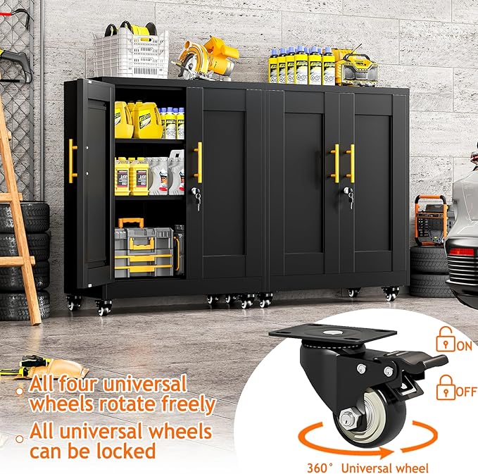 Metal Storage Cabinet with Wheels, 36" Tall Locking Storage Cabinet with 2 Adjustable Shelves, Locking Garage Cabinet, Steel Locker Organizer, for Office, Home, School, Black