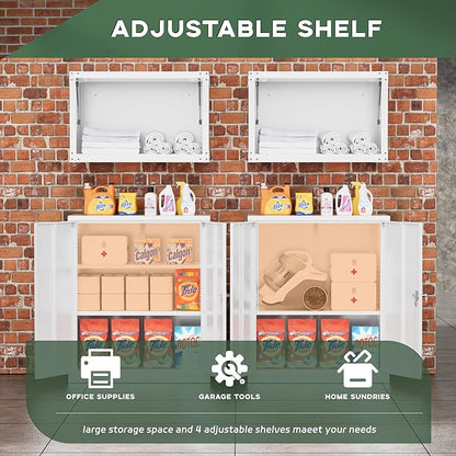 Greenvelly Metal Storage Cabinet, 36" Locking Storage Cabinet with Doors and Shelves, Lockable Storage Cabinets for Home Office, Utility Locker Cabinet, Steel Garage Cabinet with 2 Keys, White Grey