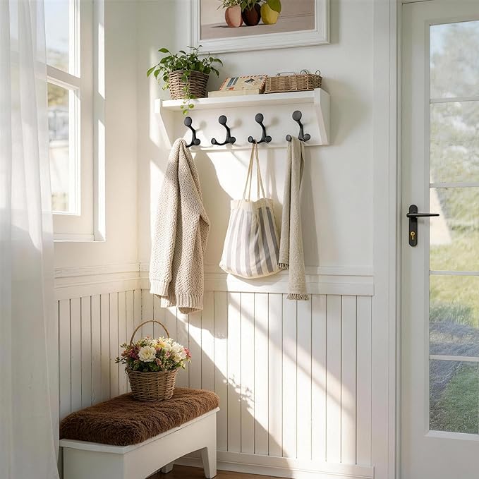 SKOLOO Wall Shelf with Hooks, 24-Inch White Coat Rack Wall Mount with Shelf Organizer - Heavy Duty, 4 Tri Hooks - Perfect for Entryway, Hallway, Living Room, Bedroom, Mudroom