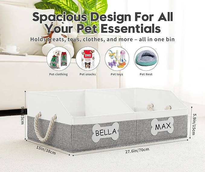 Beveetio Large Dog Toy Basket, Collapsible Fabric Dog Toy Bin with Removable Divider & DIY Tags, Trapezoid Storage Box with Rope Handles for Pet Supplies, Perfect for Living Room Storage-Grey&White