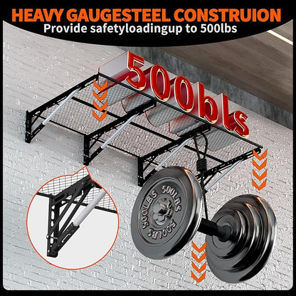 Heavy Duty Foldable Garage Storage Shelves Wall Mounted Metal Rack Unit Organizer with Removable Edge Barriers, Adjustable System for Corner Wall Use, 52.76 Inch Long 24.45 Inch Large