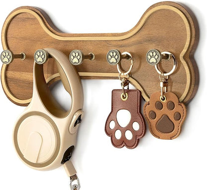 MTERSN Farmhouse Dog Leash Holder for Wall – Dog Stuff Organizer and Dogs Bone Key Holder Wall Mount with 3D Puppy Paw Hooks - Cute Stuff for Pet Lover Gifts (Acacia Wood)