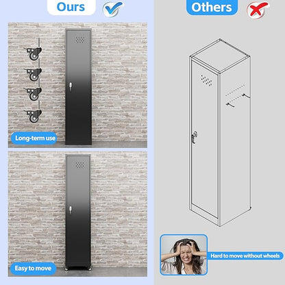 Broom Closet Storage Cabinet, 72" H Garage Storage Cabinet with Wheels, Lockable Door and Hooks for Garage Cleaning Supplies Broom Mops, Black, Assembly Required