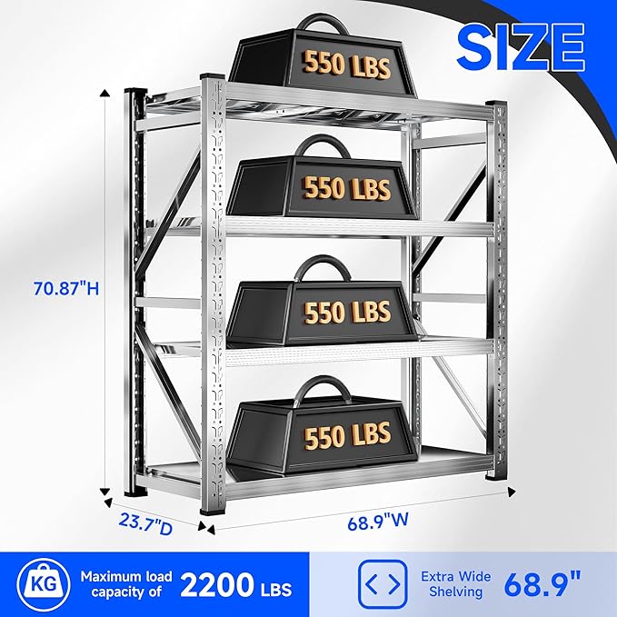 69" W Storage Shelves 4 Tier Stainless Steel Shelf 2200LBS Adjustable Shelf Storage Rack for Garage Supermarket Warehouse 69" Wx71 Hx24 D