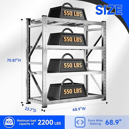 69" W Storage Shelves 4 Tier Stainless Steel Shelf 2200LBS Adjustable Shelf Storage Rack for Garage Supermarket Warehouse 69" Wx71 Hx24 D