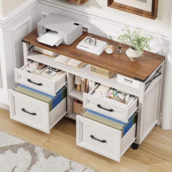 Vabches Farmhouse Filing Cabinet with Adjustable Shelf & Wheels, Lateral File Cabinets, Office Storage Cabinet with 4 Drawers and Open Storage Space, for Hanging Files Letter/A4, for Home Office