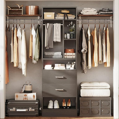 COTUBLR Closet System, 48" W - 105” W Closet Organizer with 24” Tower and 2 Extendable Hanging Rods, Walk-in Wardrobe Garment Rack with 2 Wooden Drawers and 6 Shelves, Fit up to 600 LBS (Black)