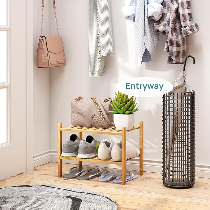 Small Shoe Rack, 2-Tier Shoe Rack for Entryway, Bamboo Wood Shoe Shelf for Closet & Hallway, Long 17.2IN | Beautiful | Functional | Sturdy | Durable