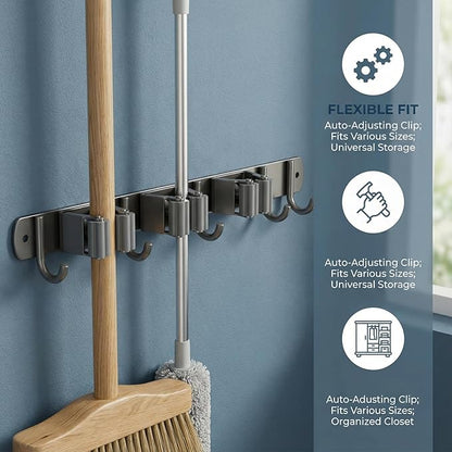 Wall Mount Organizer with Heavy-Duty Hooks and Sturdy Shelf - Holds Brooms, Mops, Vacuums & Cleaning Supplies. Perfect for Laundry Room Organization, Garage Storage, and Closet Shelving（24 inches）
