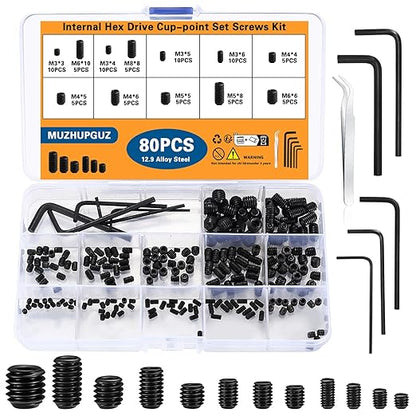80 Pcs Allen Head Screws, Hex Socket Head Screws, Grub Screw Set, M3/M4/M5/M6/M8 Metric Stainless Steel Internal Hex Drive Cup-Point Screw Assortment Kit for Door Handles, Light Fixture(Black)