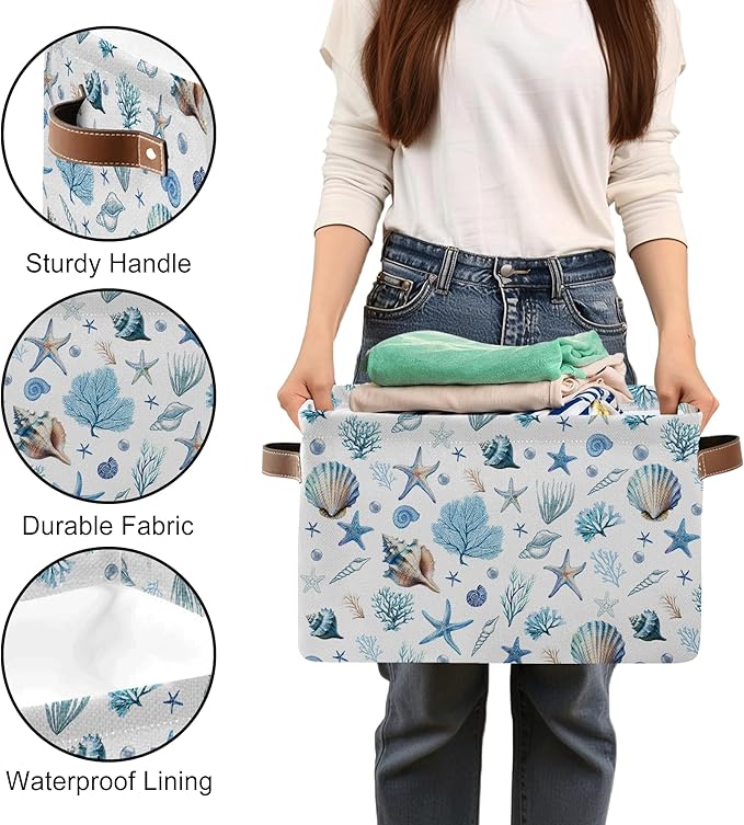 Sea Shells Starfish Rectangle Storage Basket - Ocean Themed Collection Collapsible Storage Baskets with Handles - Ocean Conch Pattern Storages Bin for Kids Clothes, Gifts, Books, Toys