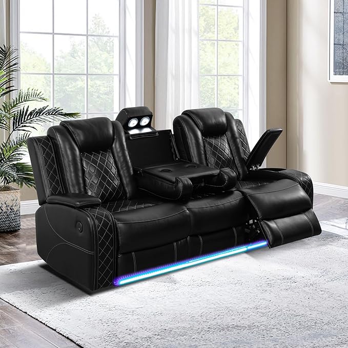 Living Room Furniture Set, Power Reclining Sofa Set, Black Leather 3-Seated Recliner Couch with Drop-Down Table, Recliner Sofa with Storage Console/Cup Holder for Living Room/Apt/Office