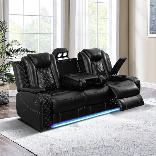 Living Room Furniture Set, Power Reclining Sofa Set, Black Leather 3-Seated Recliner Couch with Drop-Down Table, Recliner Sofa with Storage Console/Cup Holder for Living Room/Apt/Office