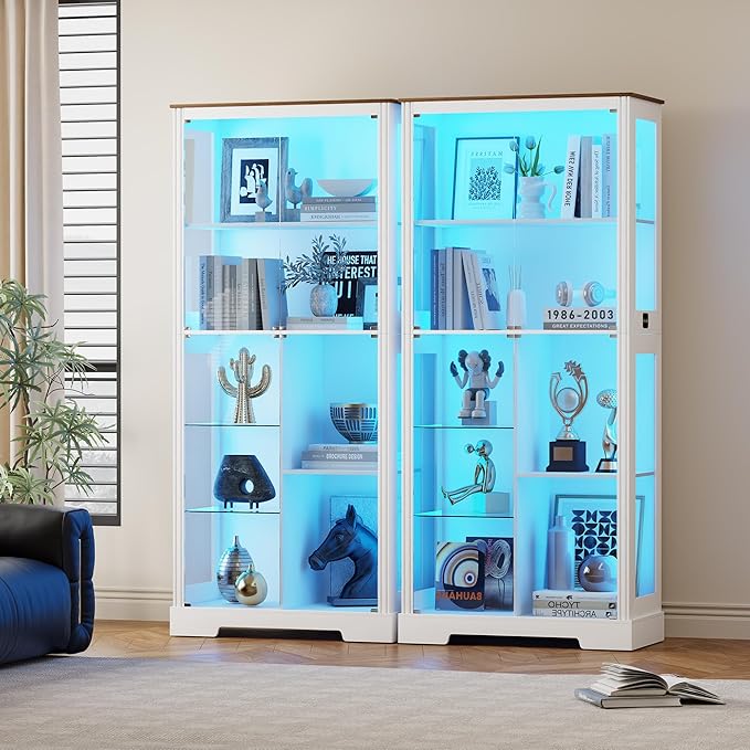 HNEBC 71'' Display Cabinet with 5-Tier and 3 Color Lights for Books Toys Liquor,Curio Cabinet with Human Body Bookcases for Bedroom, Living Room,White