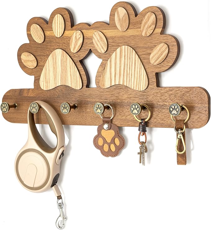 MTERSN Cute Dog Leash Holder for Wall - Dog Stuff Organizer & Key Holder Wall Mount with Floating Shelf and 6 Hooks for Room Decor - Retro Style Gift for Apartment Essentials (Acacia Wood)
