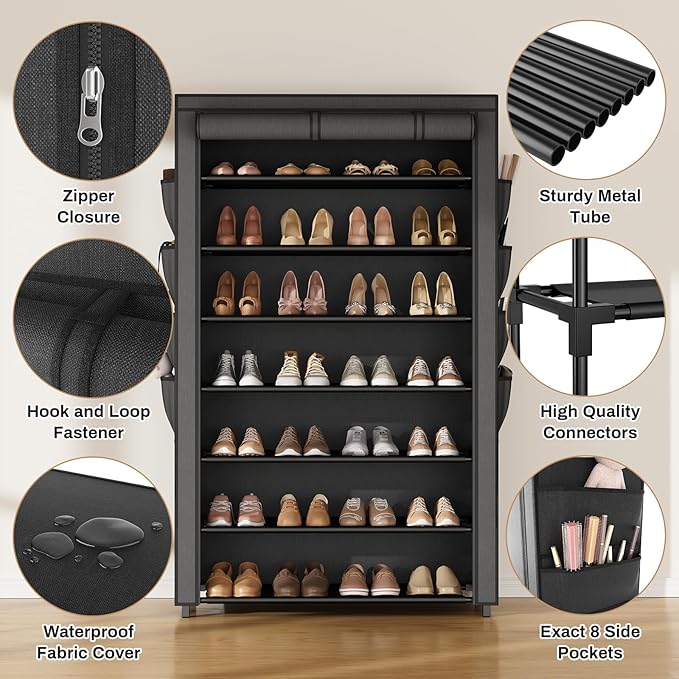 Shoe Rack with Cover, 7 Tier Shoe Organizer Storage for 32-40 Pair Shoes and Boots Large Shoe Storage Shelf Space Saving Vertical Shoe Rack for Closet, Front Door Entrance, Dorm, Garage