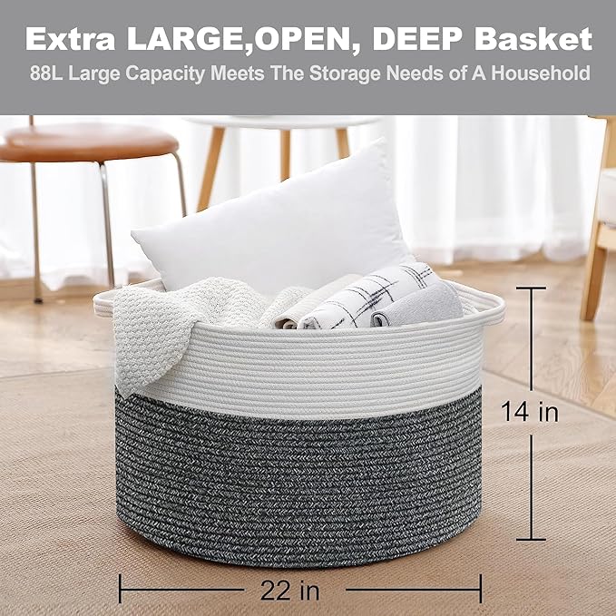 Large Throw Blanket Basket, 22" X 22" X 14" XXXL Blanket Holder for Living Room, Big Wicker Baskets for Storage, Woven Cotton Rope Kids Toy Box, Throw Pillow Holder Organizer Bin