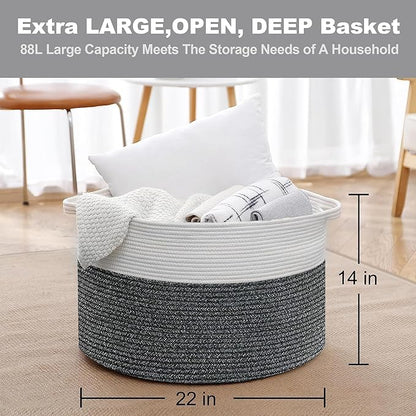Large Throw Blanket Basket, 22" X 22" X 14" XXXL Blanket Holder for Living Room, Big Wicker Baskets for Storage, Woven Cotton Rope Kids Toy Box, Throw Pillow Holder Organizer Bin