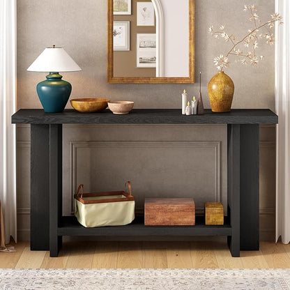 60-Inch Long Vintage-Inspired ConsoleTable with T-Leg Design, 2-Tier Entryway Table Sofa Table with Storage for Study, Entryway, Hallway, Living Room (Black-V19)