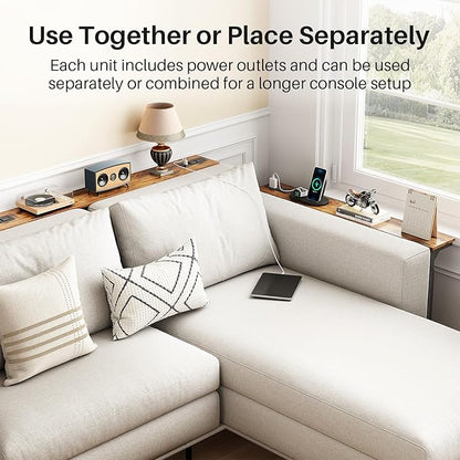 Kitstorack 2-Pack Narrow Console Table with Adjustable Height (25"-33") & 2 Power Outlets, Skinny Behind Couch Table, 78.8" Long x 5.9" Wide Sofa Side Table for Living Room, Rustic Brown | 2-Pack, Behind Sofa Couch