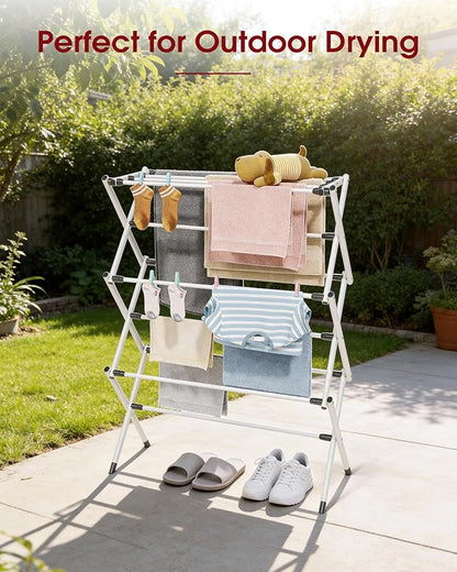 Foldable Clothes Drying Rack – Metal Laundry Drying Rack with Non-Slip Feet, 3-Tier Space-Saving Clothing Rack for Organization, Indoor & Outdoor Use, 11.4"D x 29.1"W x 37.4"H, White and Black