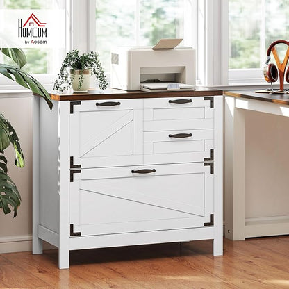 HOMCOM 4 Drawer File Cabinet, Farmhouse Lateral Filing Cabinet with Adjustable Hanging Rails for Letter/A4/Legal Size Files, Printer Stand for Home Office, White