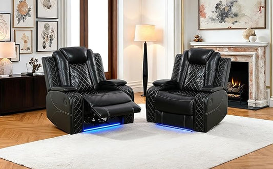 Black Leather Living Room Furniture Set,Power Theater Recliner Chair with Arm Storage and LED Lights, Reclining Sofa Chair with Power Headrest and Cup Holders for Living Room/Home/Office