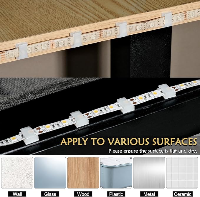 GooChan Strip Light Mounting Clips Self-Adhesive Strip Brackets Holder,100Pack Clamps Fix Light Strip 8mm 10mm 12mm (for 10mm(3/8") Wide Strip Light)