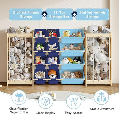 Large Toy Storage Organizer, Wooden Stuffed Animal Storage & 12-Bins Toy Organizer, Double-Sided Plush Toy Holder Featuring Thicker Ropes, Space Save Bedroom Nursery Playroom Storage, Blue