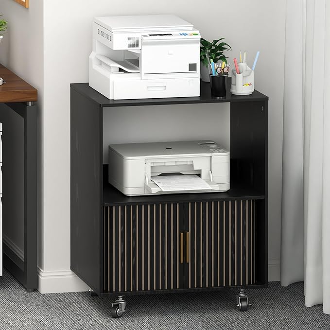 Printer Stand with Storage, File Cabinets with Sliding Doors, Rolling Printer Cart Under Desk with Open Storage Shelf for Home Office, Workspace (Black, 23.62" L)