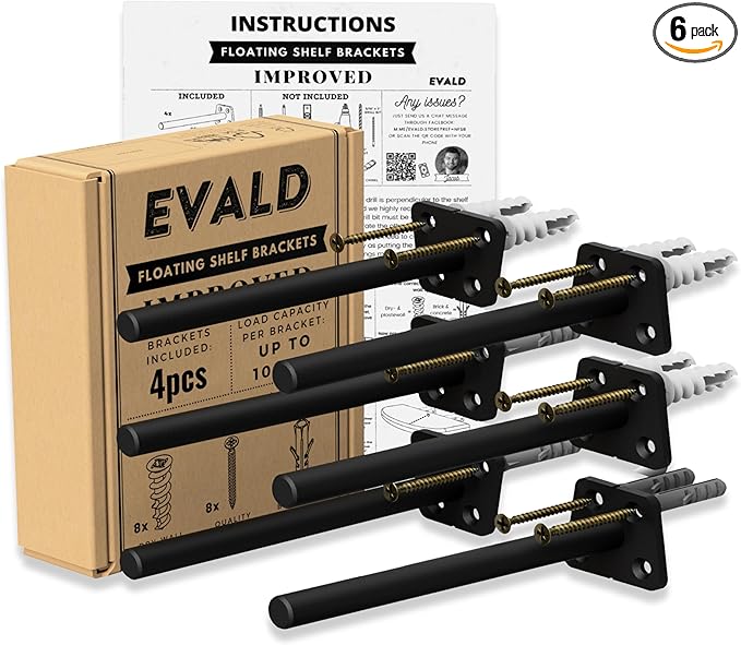 EVALD Hidden Floating Shelf Bracket | 6-Inch Heavy Duty Blind Shelf Support | Kitchen Shelf, Fireplace Mantel Bracket | Invisible Wall Mount Bracket for Home & Office | Floating Shelf Hardware 6 Pack