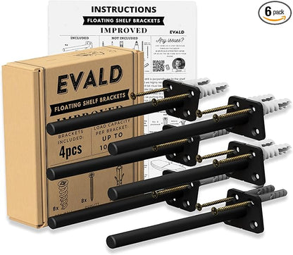 EVALD Hidden Floating Shelf Bracket | 6-Inch Heavy Duty Blind Shelf Support | Kitchen Shelf, Fireplace Mantel Bracket | Invisible Wall Mount Bracket for Home & Office | Floating Shelf Hardware 6 Pack