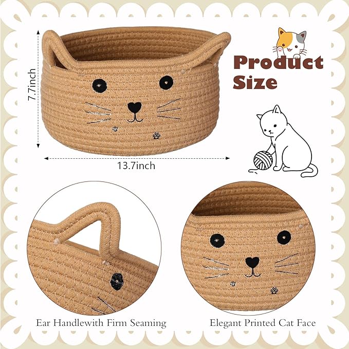Zopeal Cat Basket Storage Woven Organizer with Ears Easter Decorative Gift Pet Toy Cute Cotton Rope Basket for Gift Cat Dog Toy Bin Nursery Room(13.7 x 7.8 Inch,Khaki)