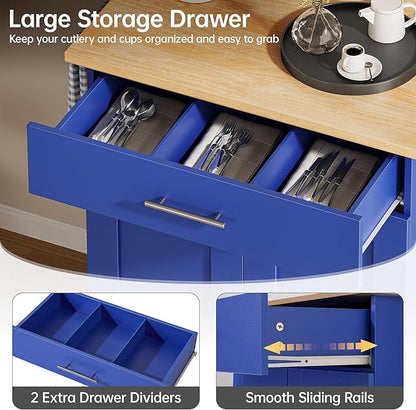 Kitchen Island Cart with Storage, Small Kitchen Island on Wheels with Large Drawer, Adjustable Shelf & Towel Rack, Rolling Island Table for Kitchen & Dining Room, Blue