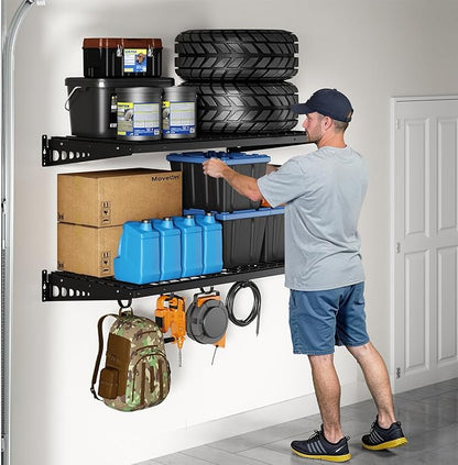 FLEXIMOUNTS 2 Pack 2x4ft Garage Storage with 4 Hooks 24x48 inch Bike Wall Shelving Rack, 660lbs Total Weight Capacity, Black, Pro Series