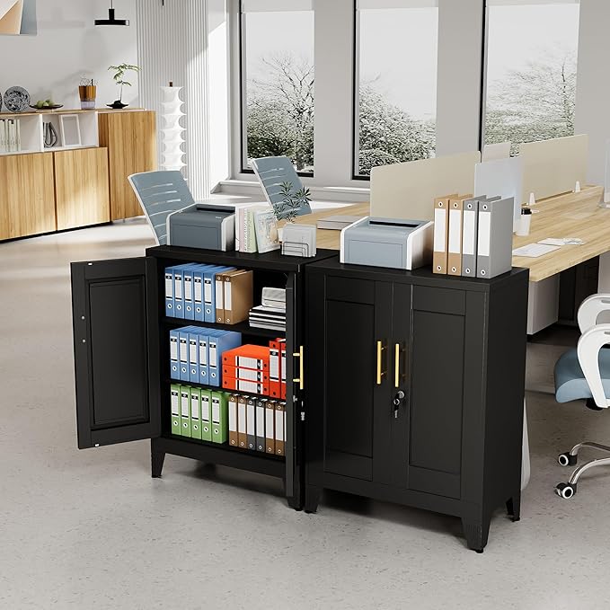 36" Tall Metal Storage Cabinet with Lock, Locking Cabinet with 2 Doors and 2 Adjustable Shelves, Black Bathroom Floor Cabinets, Freestanding Locked File Cabinets for Home/Office/Garage