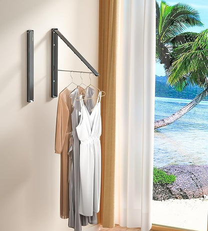 Dr.DJ Clothes Drying Rack with Rod, Wall-Mounted Retractable & Foldable Clothes Hanger for Laundry Room Organization and Storage, Metal Clothes Hanger Rack for Dorm, Closet, Balcony 2Rack, 1Rod Black