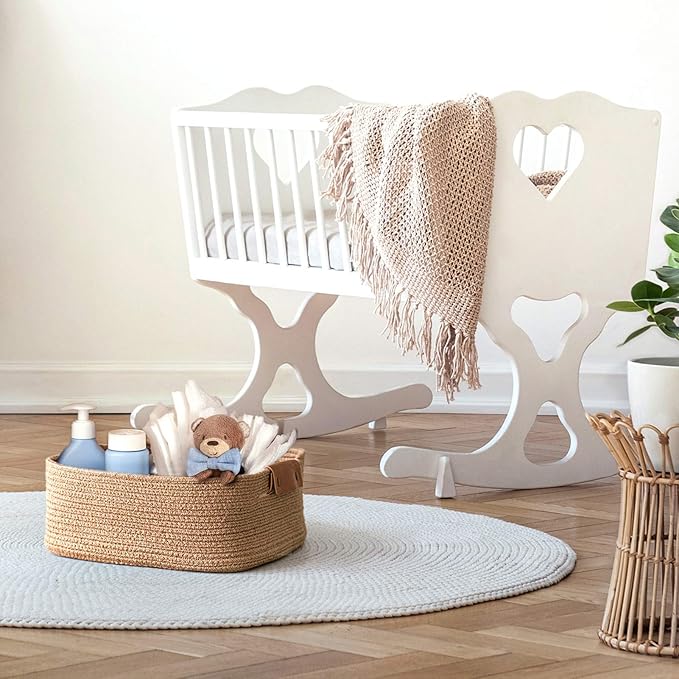 CHICVITA Rectangle Jute Rope Woven Basket with Handles for Books, Magazines, Toys - Decorative Rectangle Basket for Baby Nursery, Living Room, Bathroom