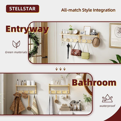 Coat Rack with Shelf, 2 Pack Bamboo Wall-Mounted Coat Hanger with 8 Hooks for Entryway, Hallway, Kitchen, Bathroom, Living Room, Utility Room (Natural)