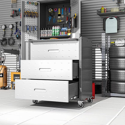 Metal Garage Storage Cabinet with Wheels, Rolling Tool Cabinet with 3 Drawers, Heavy Duty Mobile Steel Cabinet for Garage Warehouse Workshop