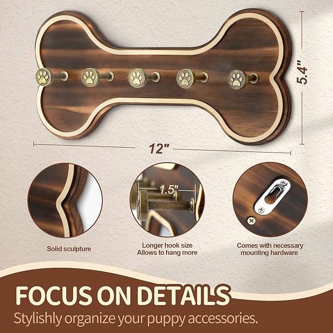 MTERSN Farmhouse Key Holder for Wall - Decorative Rustic Dog Leash Hanger Wall Mounted with Bone Shaped Hooks - Cute Storage Organizer for Home Decor (Retro Brown)
