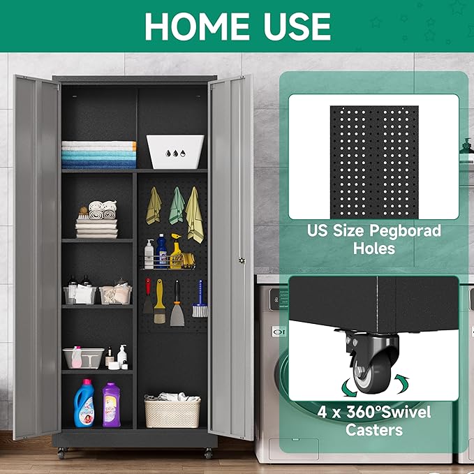 Metal Garage Storage Cabinet with Locking Doors and Adjustable Shelves, Rolling Tool Storage on Wheels - Black Gray